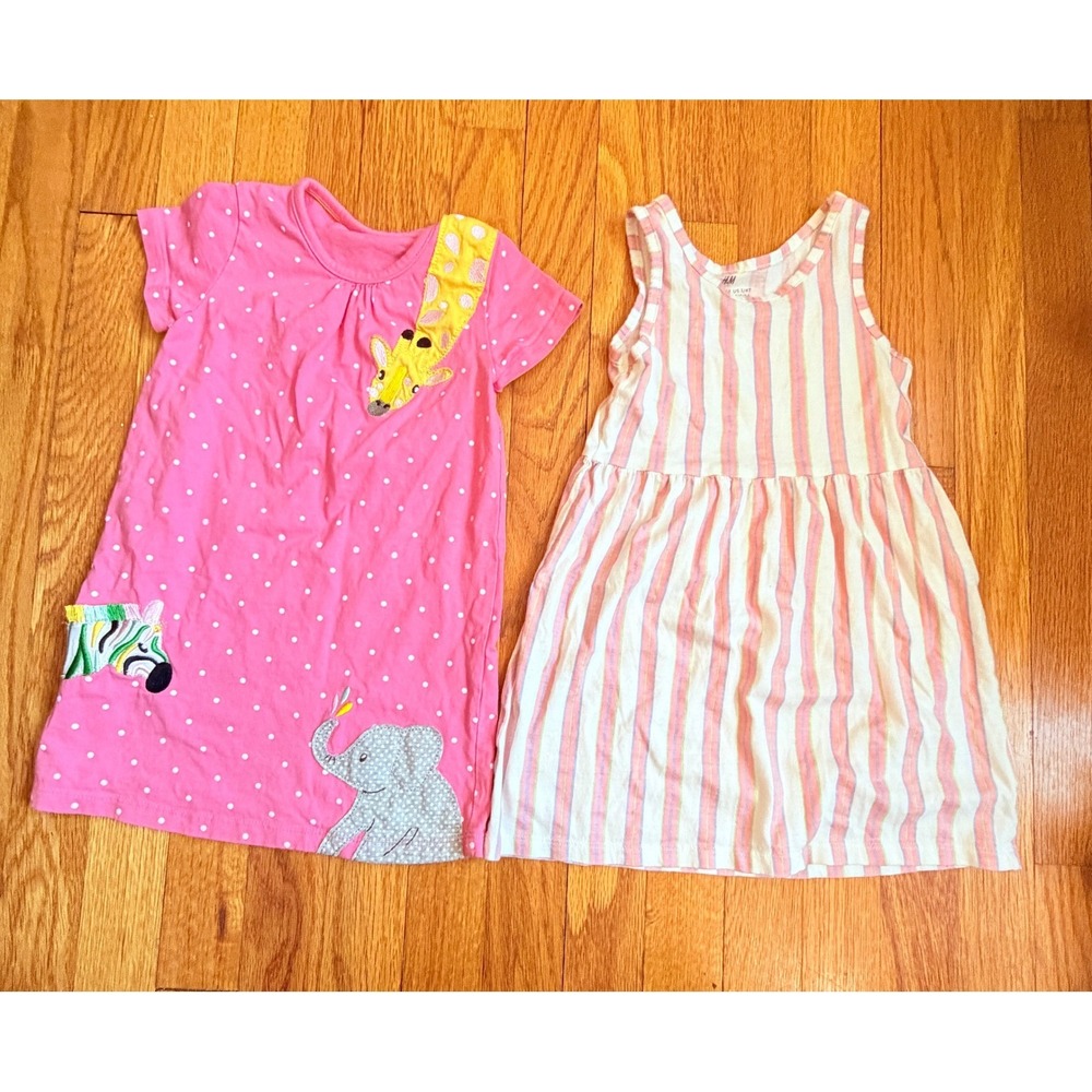 Lot of 2 Toddler Girl Dresses HM Pink Striped & Pink Animal Applique Size 3T 4T